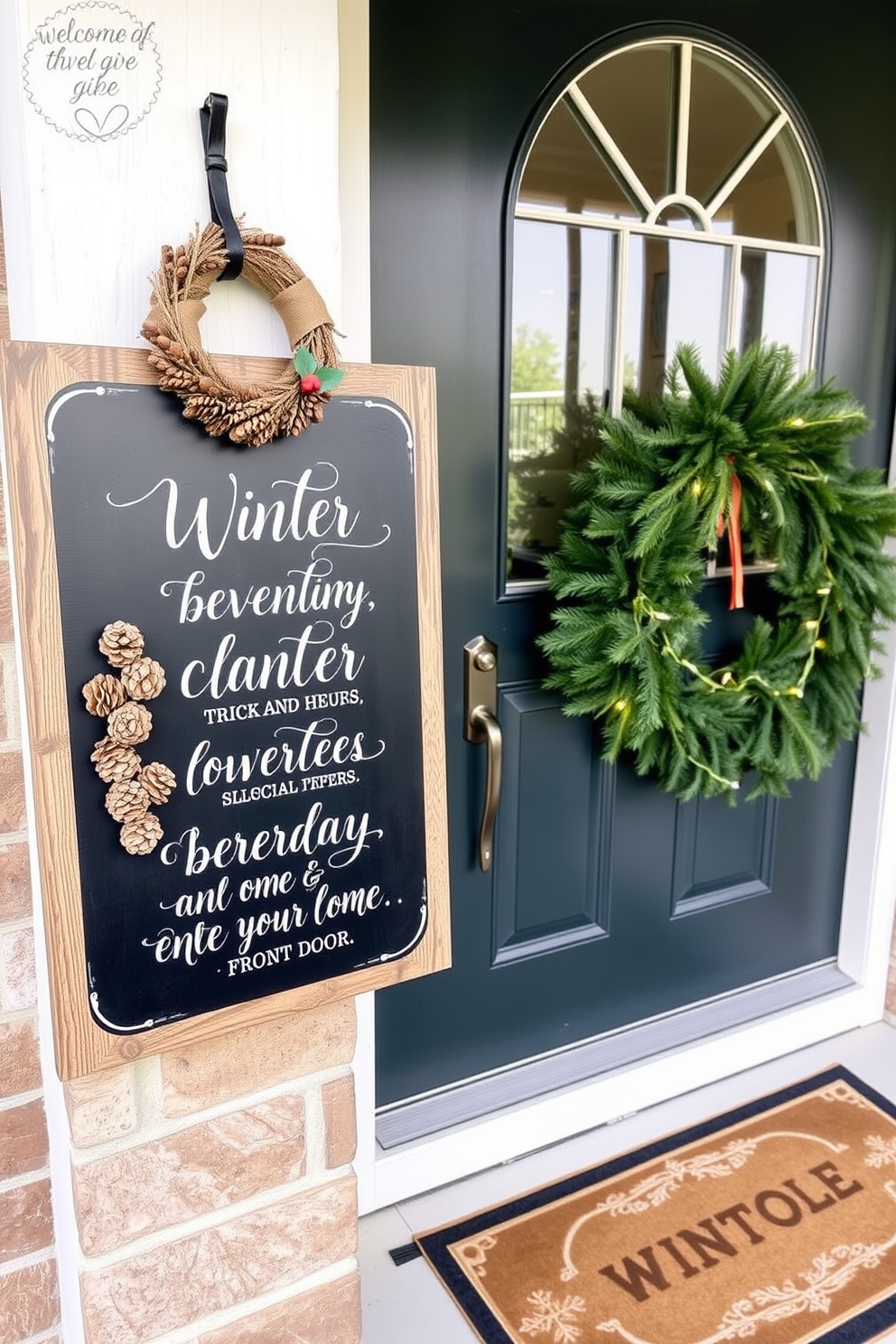 A charming chalkboard sign hangs on the front porch displaying festive winter quotes in elegant white script. Surrounding the sign, a wreath made of pinecones and holly adds a touch of seasonal cheer. The front door is adorned with a beautiful garland of evergreen branches and twinkling fairy lights. A cozy doormat with a winter-themed design welcomes guests as they enter your home.