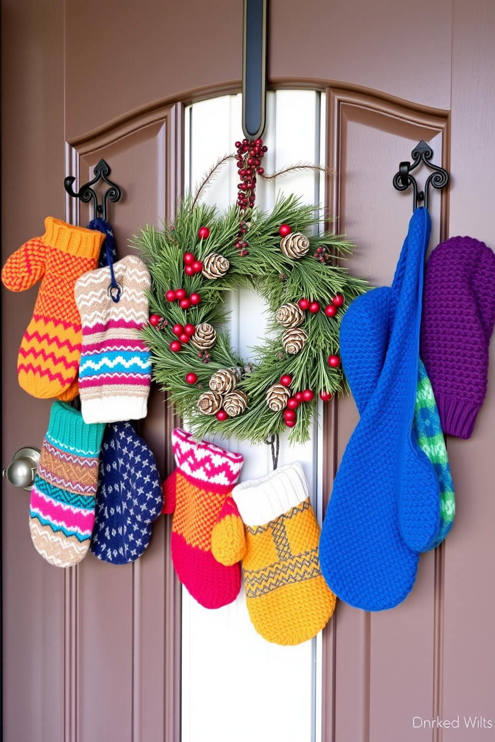 Colorful mittens in various patterns and hues are neatly hanging on decorative hooks by the entrance. The front door is adorned with a festive wreath made of pinecones and berries, creating a warm and inviting winter atmosphere.