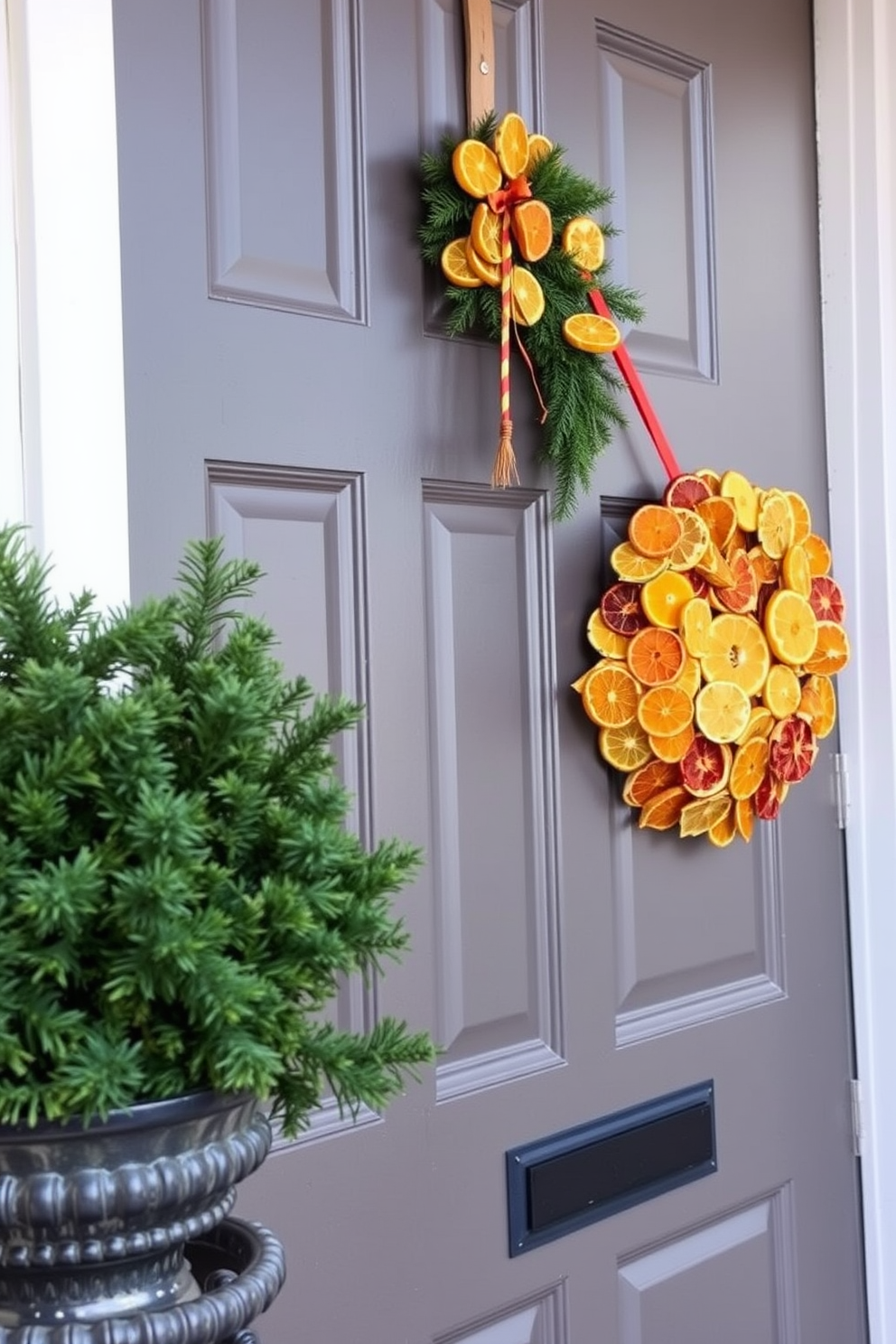 A beautiful front door adorned with a wreath made from dried citrus slices. The vibrant oranges and yellows of the citrus create a warm and inviting atmosphere, perfect for winter.