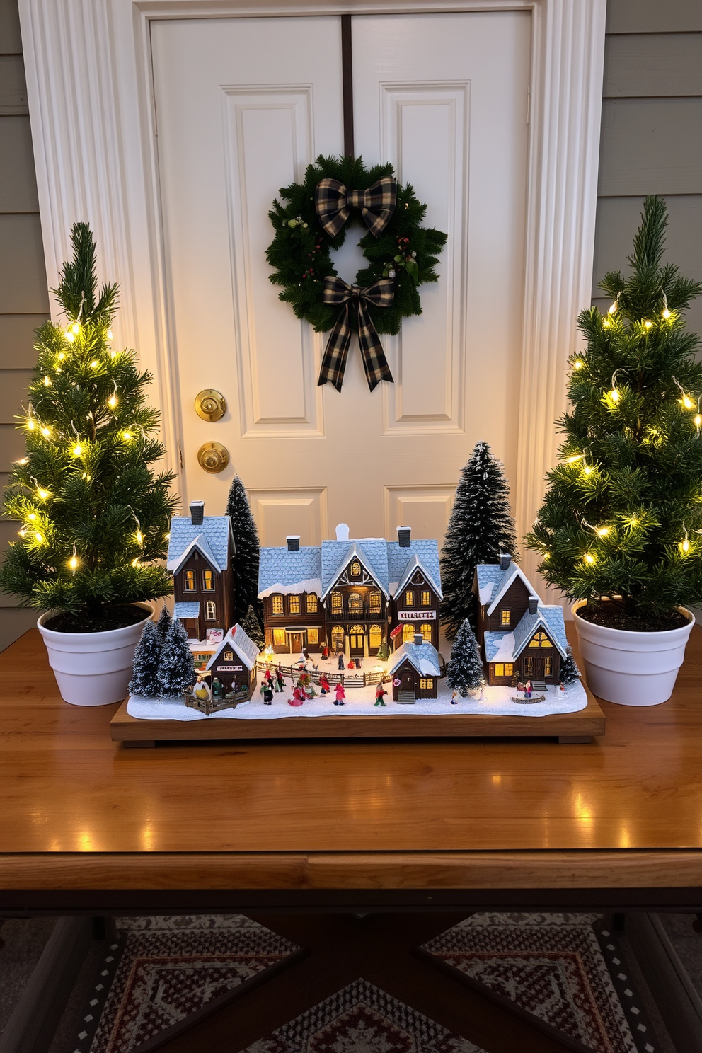 A charming miniature Christmas village is beautifully arranged on a wooden table, featuring tiny houses adorned with twinkling lights and snow-covered rooftops. Surrounding the village are small figurines of children playing in the snow, creating a whimsical winter scene. The front door is elegantly decorated with a large evergreen wreath, embellished with red berries and a plaid bow. Flanking the door are two potted evergreen trees, each wrapped in warm white lights, welcoming guests with a festive glow.