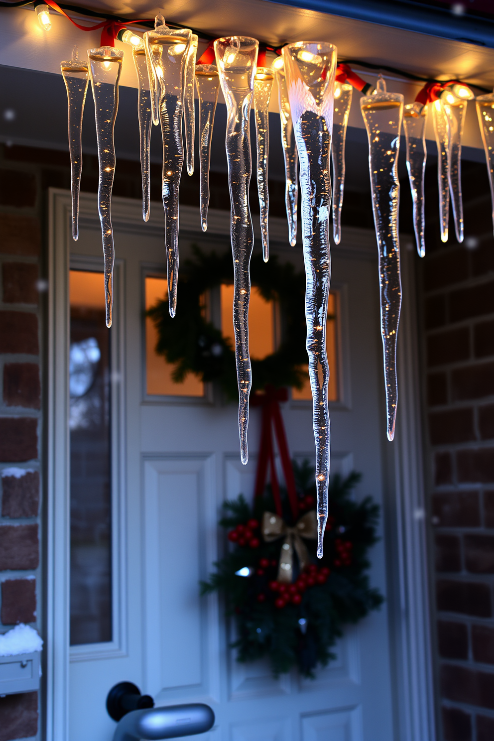 Hanging icicle lights gracefully drape above a charming winter front door, creating a warm and inviting entrance. The door is adorned with a festive wreath made of pine branches and red berries, complementing the twinkling lights.