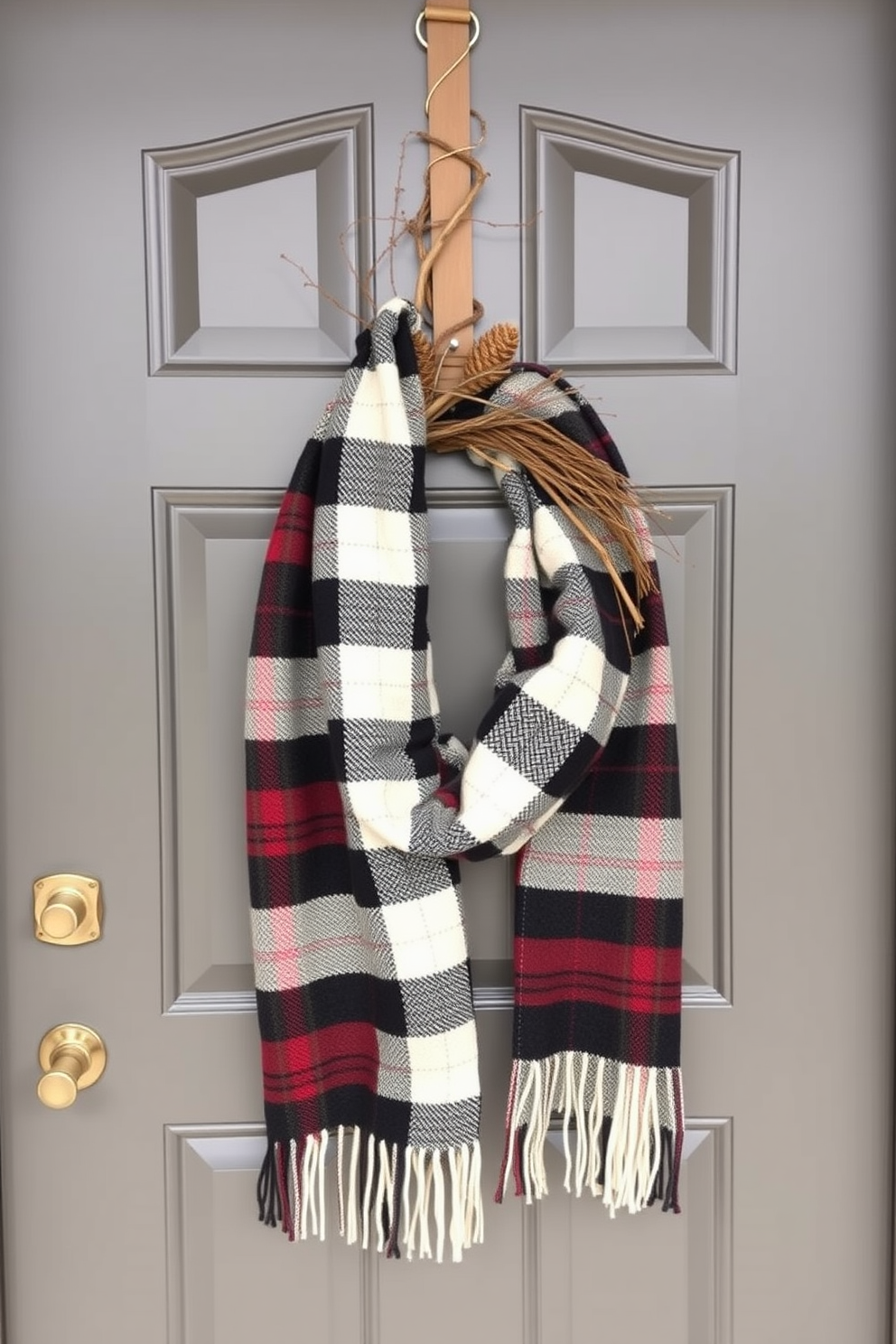 Cozy plaid scarf wrapped around the front door creating a warm and inviting entrance. The door is adorned with a rustic wreath made of pinecones and twigs, complementing the seasonal decor.