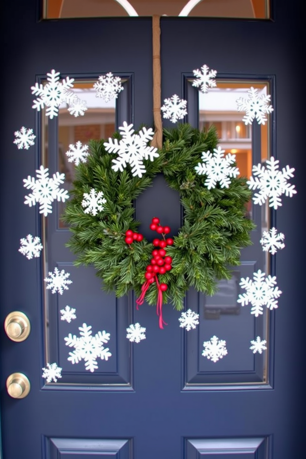 A cozy winter front door adorned with felt snowflakes stuck to the glass. The door is painted a deep navy blue, and a warm wreath made of evergreen branches and red berries hangs prominently.