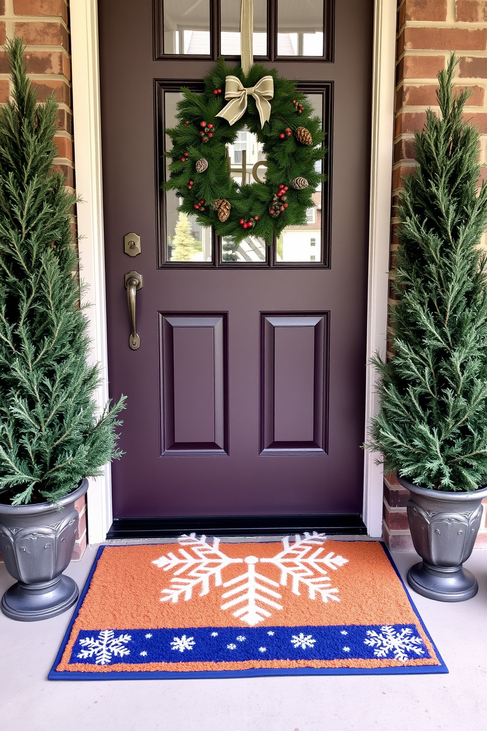 Layered doormats with winter designs create a warm and inviting entrance. The top mat features a snowflake pattern in soft blues and whites, while the bottom mat is a solid deep navy for contrast. Winter front door decorating ideas can include a festive wreath adorned with pinecones and red berries. Flanking the door, tall evergreen arrangements in decorative pots add a touch of seasonal cheer.