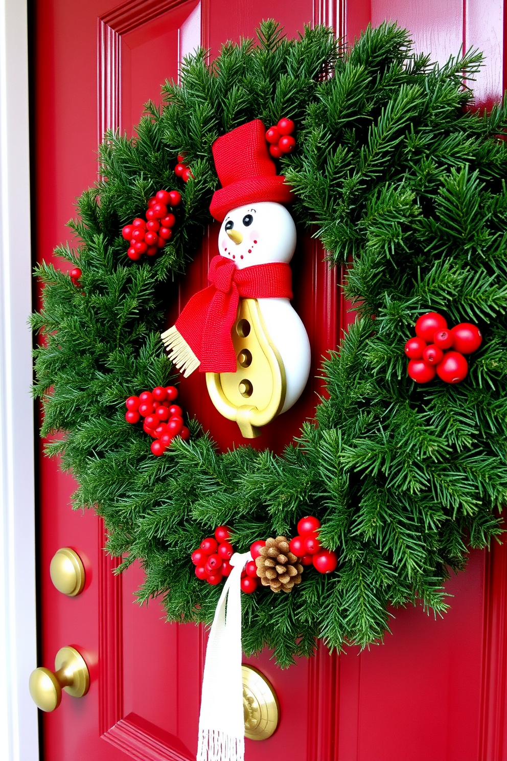 A festive front door adorned with a beautiful holiday-themed door knocker shaped like a snowman. The door itself is painted a deep red, complemented by a lush green wreath decorated with pinecones and red berries.