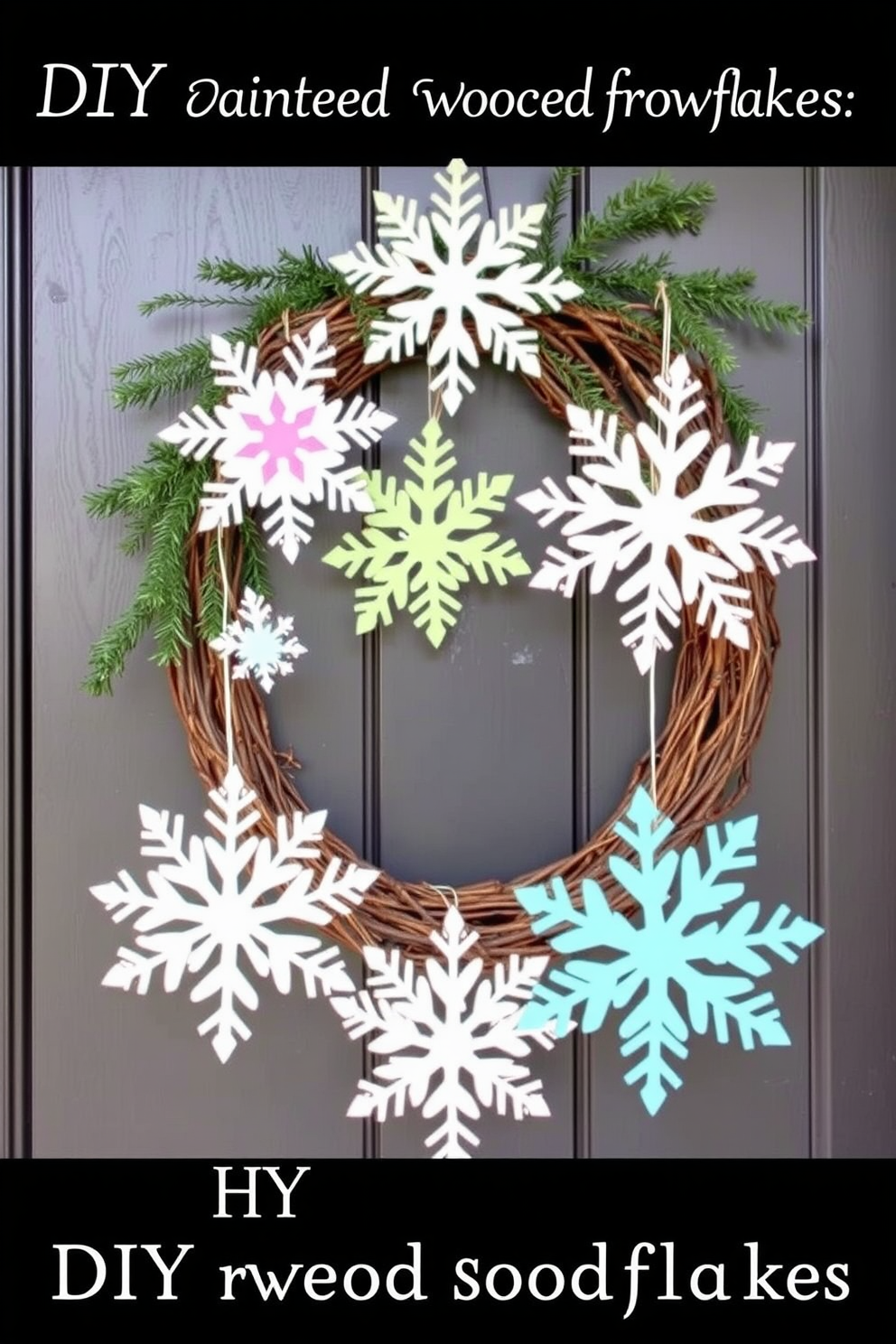 A charming winter front door adorned with DIY painted wooden snowflakes. The snowflakes are in various pastel colors, hanging from a rustic wreath made of evergreen branches.