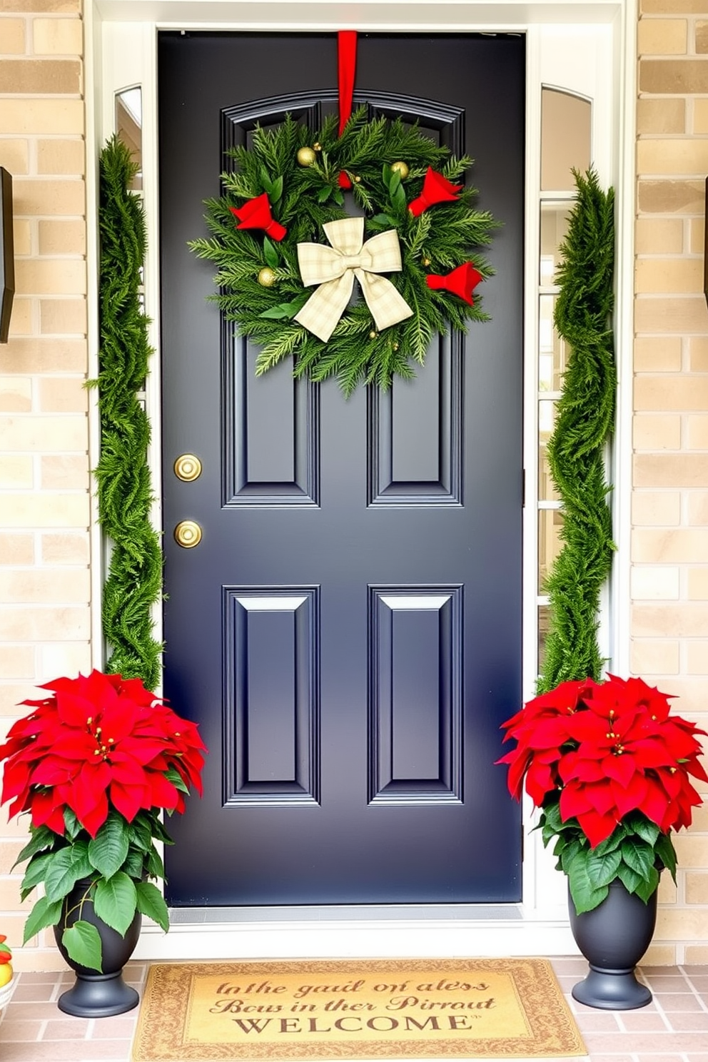 A welcoming entryway adorned with bright red poinsettias positioned on either side of a stylish front door. The door is painted in a deep navy blue, complemented by a festive wreath made of evergreen branches and adorned with gold accents.