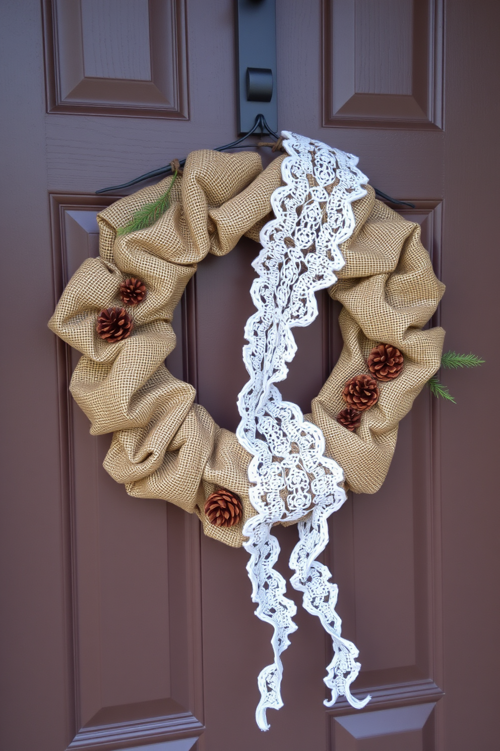 A rustic burlap and lace wreath adorns the front door, bringing a warm and inviting touch to the entrance. The wreath features a mix of natural elements, including pinecones and evergreen sprigs, intertwined with delicate lace for an elegant contrast.