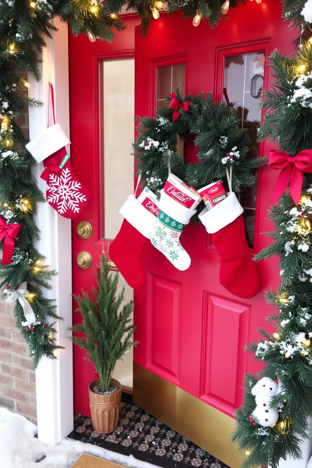 A charming winter front door adorned with hanging holiday socks filled with goodies. The door is painted a festive red, surrounded by evergreen garlands and twinkling fairy lights.