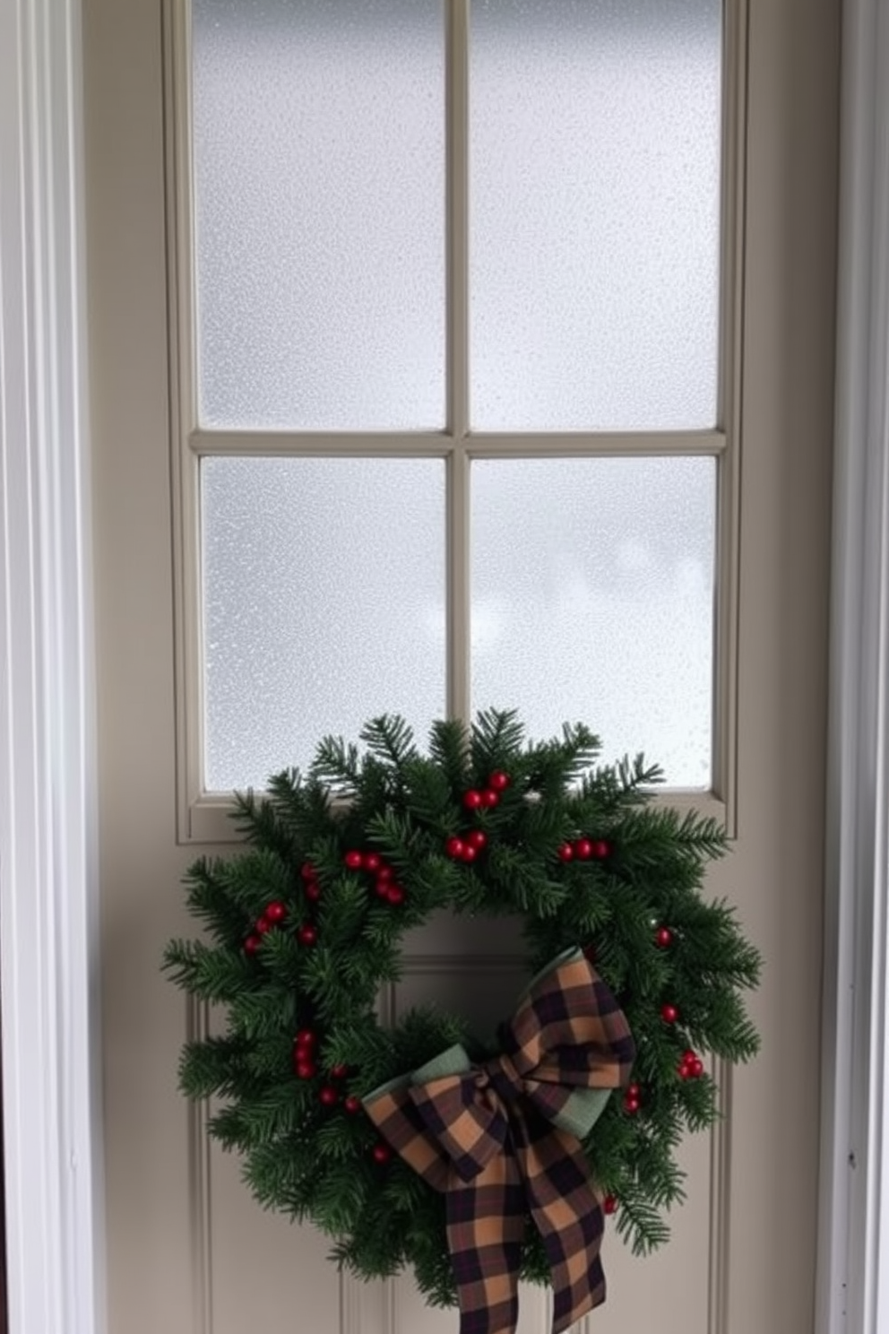 A cozy winter front door scene featuring frosted window panes adorned with delicate spray snow. The entrance is decorated with a lush evergreen wreath, accented by red berries and a large plaid bow.