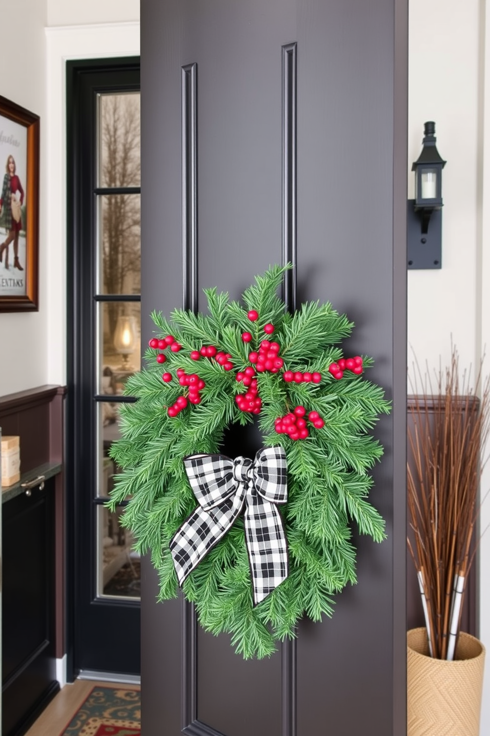 A welcoming entryway adorned with seasonal artwork that captures the essence of winter. The front door is beautifully decorated with a lush evergreen wreath accented by red berries and a large plaid bow.