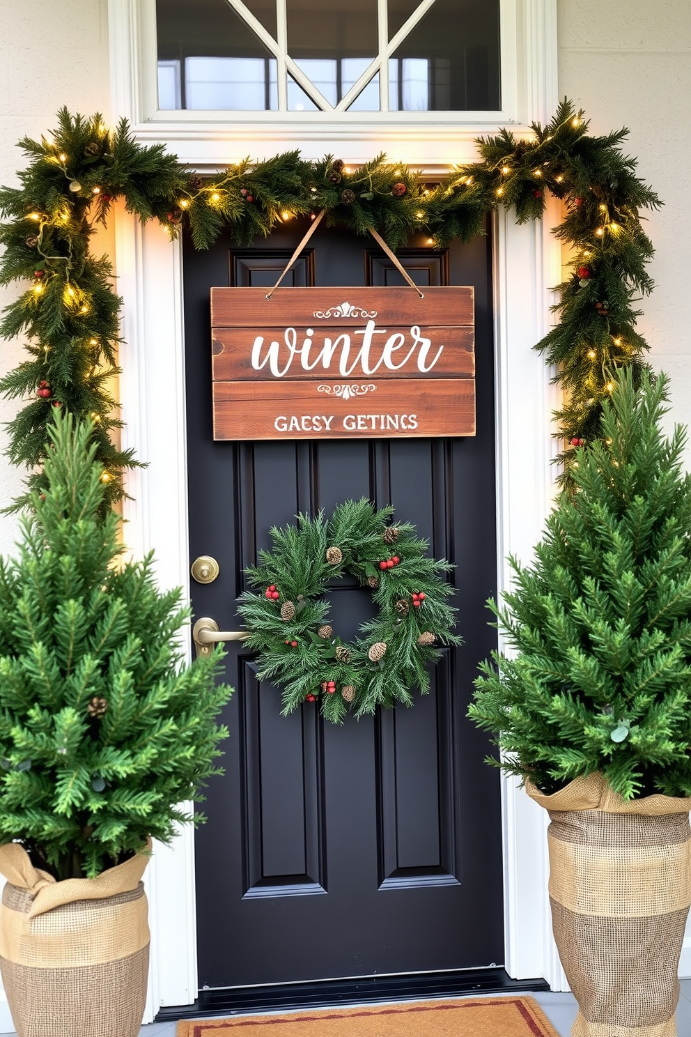 A rustic wooden sign hangs on the front door, adorned with winter greetings in elegant white lettering. The sign is surrounded by evergreen garlands and twinkling fairy lights, creating a warm and inviting entryway. The front door is decorated with a festive wreath made of pinecones and berries, adding a touch of seasonal charm. Flanking the door are potted evergreens wrapped in burlap, enhancing the cozy winter aesthetic.