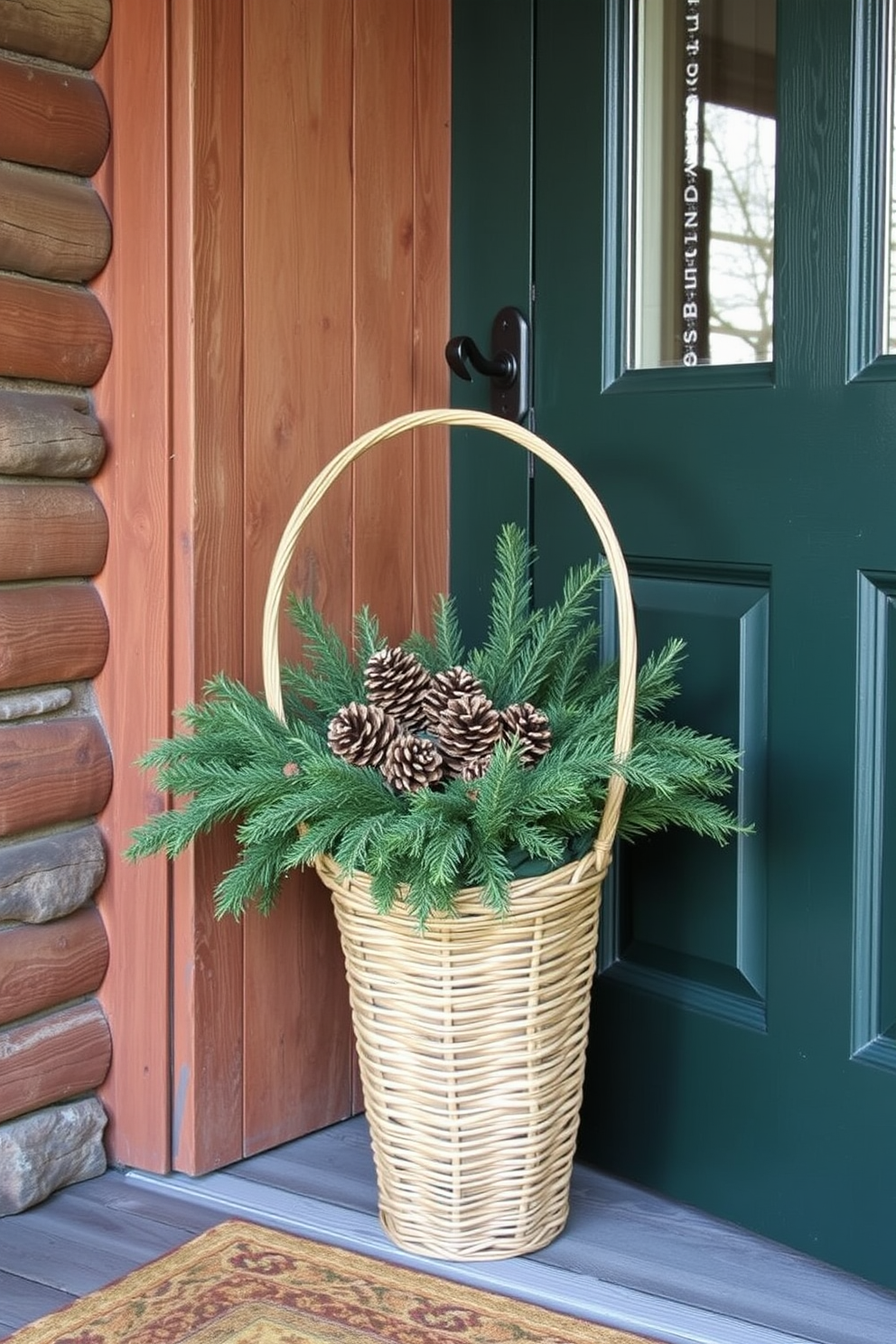 A cozy winter front door adorned with a woven basket filled with pinecones sits on a rustic porch. The basket, made of natural fibers, complements the wooden door, which is painted in a deep forest green, creating a warm and inviting entrance.