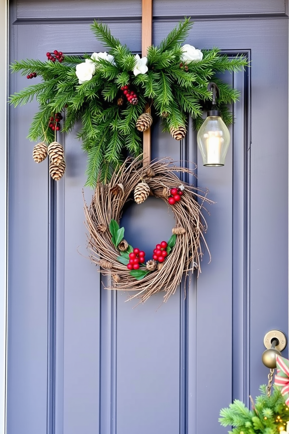 A charming winter front door adorned with hanging pinecones and lush evergreen branches creates a warm and inviting atmosphere. The natural elements are complemented by a rustic wreath made of twigs and berries, enhancing the seasonal charm.