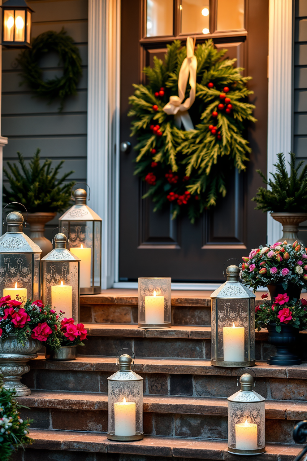 Frosted glass lanterns are arranged along the steps leading to a beautifully decorated front door. Each lantern holds a warm candle that casts a soft glow, enhancing the inviting atmosphere of the winter season. A stunning wreath made of evergreen branches and adorned with red berries is hung on the door. Flanking the entrance, potted winter flowers add a pop of color, completing the festive look.