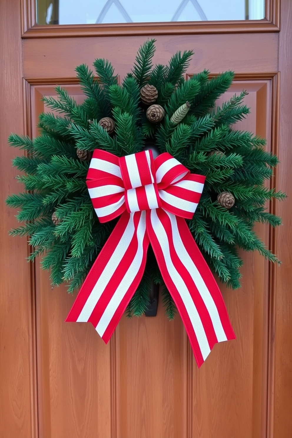 A charming winter front door adorned with a large red and white striped ribbon bow. The bow is elegantly tied around the door handle, complemented by a wreath of fresh evergreen branches and pinecones.