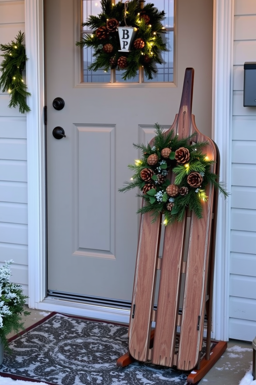 A vintage sled is propped against a charming front door, evoking a cozy winter atmosphere. The door is adorned with a festive wreath made of pinecones and evergreen branches, complemented by twinkling fairy lights.