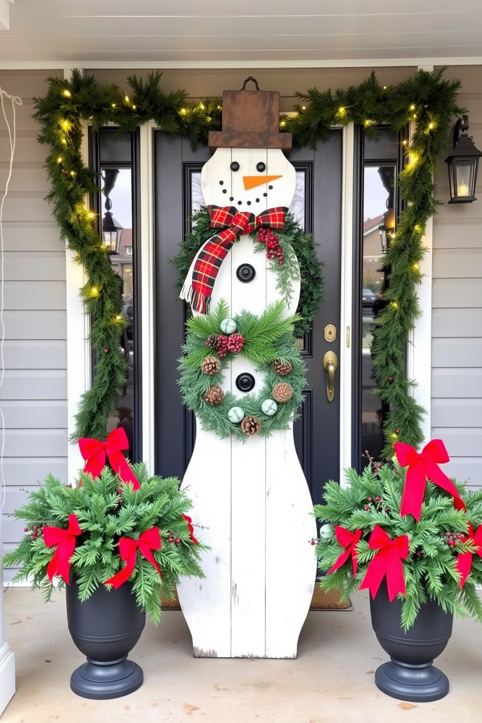 A charming DIY snowman decoration stands proudly on the porch, crafted from white painted wood with a cheerful scarf and hat. Surrounding the snowman are twinkling fairy lights and evergreen garlands, creating a festive winter atmosphere. The front door is adorned with a beautiful winter wreath made of pinecones and berries, adding a touch of nature to the entrance. Flanking the door are two large planters filled with winter greenery and red bows, enhancing the welcoming appeal of the home.