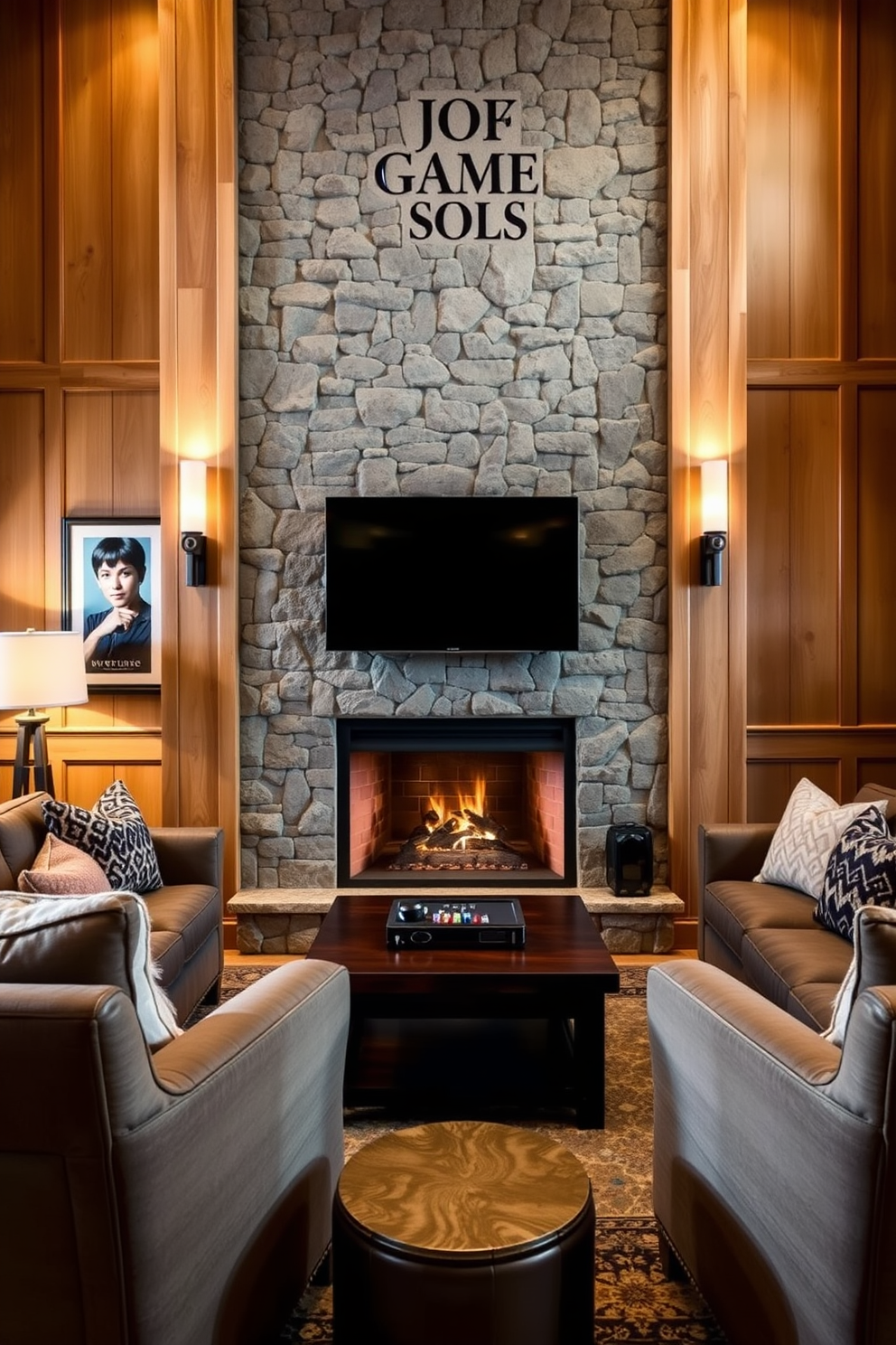 A cozy fireplace serves as the focal point of the winter game room, surrounded by plush seating options that invite relaxation. The walls are adorned with warm wood paneling, while soft, ambient lighting creates an inviting atmosphere for game nights and gatherings.