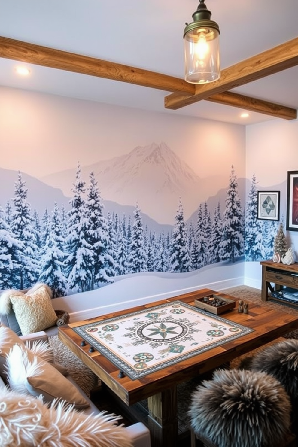 A cozy winter landscape mural adorns the wall, featuring snow-covered trees and a serene mountain backdrop. The color palette includes soft whites and icy blues, creating a tranquil atmosphere in the room. The game room is designed with a rustic charm, featuring a large wooden table for board games and plush seating for comfort. Accents of winter decor, such as faux fur throws and themed artwork, enhance the inviting ambiance.