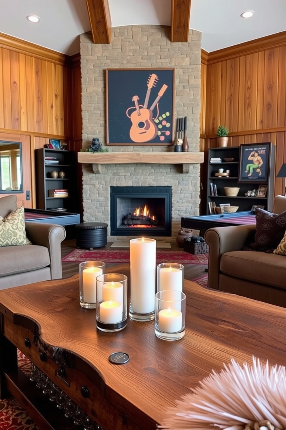 A cozy winter game room featuring candles in frosted glass holders arranged on a rustic wooden coffee table. The walls are adorned with warm-toned wood paneling and a large fireplace provides a welcoming glow, while plush seating invites relaxation and enjoyment.