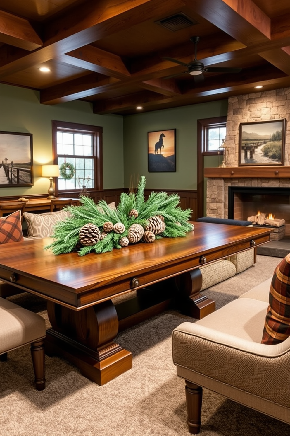 A cozy winter game room features a large wooden table adorned with a stunning pinecone and evergreen arrangement. The table is surrounded by plush seating, and soft lighting creates an inviting atmosphere for gatherings. The walls are decorated with rustic artwork that complements the natural theme of the room. A warm color palette of deep greens and browns enhances the wintery feel, while a fireplace adds a touch of warmth and comfort.