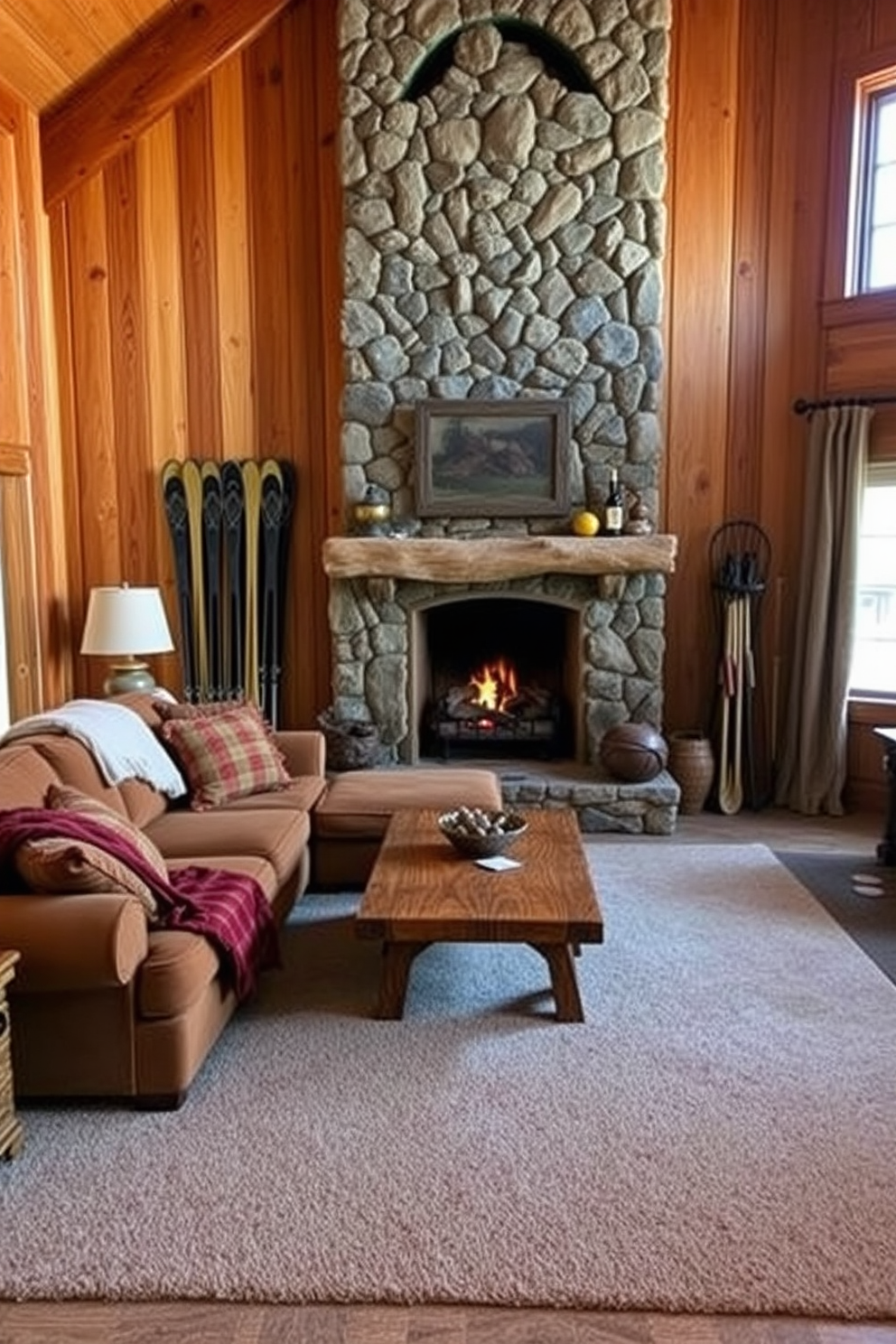 A cozy winter game room featuring vintage skis and snowshoes as decor. The walls are adorned with rustic wood paneling, and a large stone fireplace serves as the focal point of the room. A plush sectional sofa in warm tones invites relaxation, while a handmade wooden coffee table sits in the center. Soft, woolen throws are draped across the sofa, and a vintage ski rack displays the skis and snowshoes, adding character to the space.