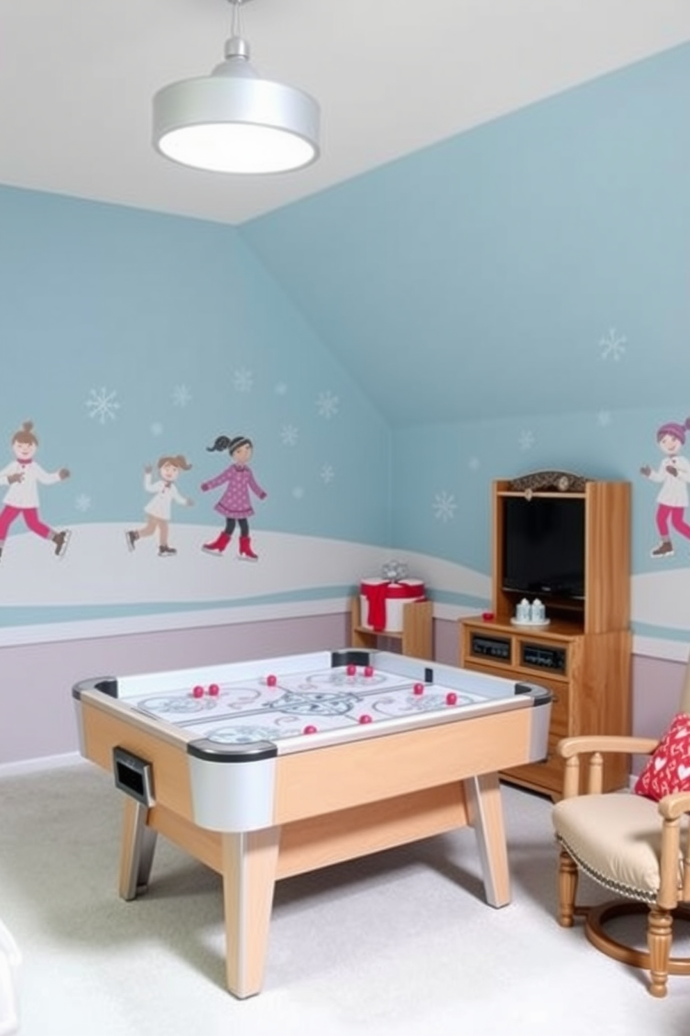 A cozy winter game room featuring ice skating themed wall decals that create a playful atmosphere. The walls are adorned with whimsical designs of ice skaters and snowflakes, enhancing the festive vibe of the space.