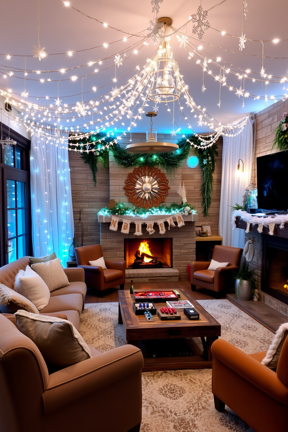 A magical winter wonderland themed party features twinkling fairy lights draped from the ceiling creating a cozy atmosphere. Snowflake decorations hang from the walls while soft white and blue color schemes enhance the festive feel. A stylish winter game room is designed with plush seating arrangements in rich, warm tones. A rustic wooden coffee table holds an array of board games, and a large fireplace serves as the focal point, providing warmth and comfort.