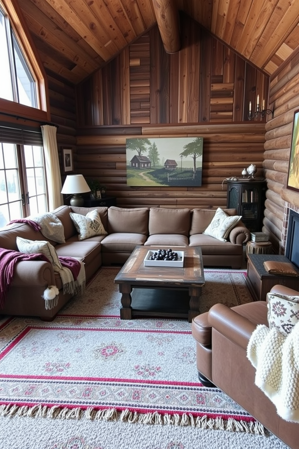 A cozy winter game room features layered textiles that create warmth and comfort. Plush throw blankets are draped over a large sectional sofa, and patterned area rugs are layered on top of a soft carpet. The walls are adorned with rustic wooden panels, enhancing the cabin-like feel of the space. A large coffee table is surrounded by comfortable seating, inviting friends and family to gather for games and relaxation.