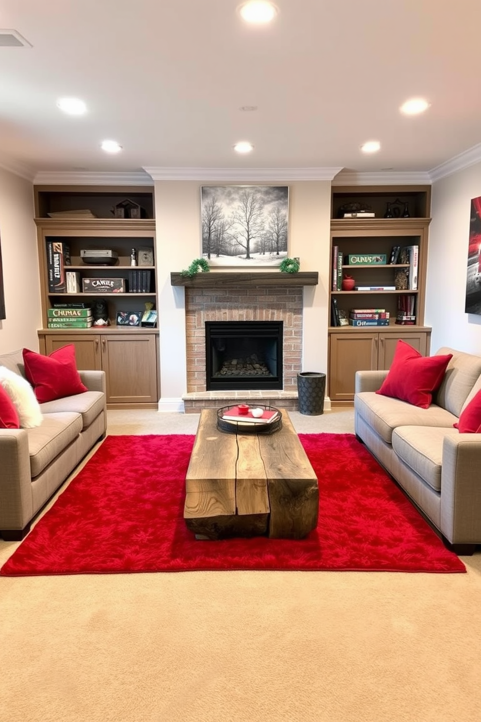 A cozy winter game room features a neutral color palette with soft beige walls and a warm taupe carpet. The space is accented with pops of red through plush throw pillows, a vibrant area rug, and a striking piece of wall art. A large sectional sofa invites relaxation and is positioned around a rustic coffee table made of reclaimed wood. An inviting fireplace serves as the focal point, surrounded by built-in shelves filled with board games and winter-themed decor.