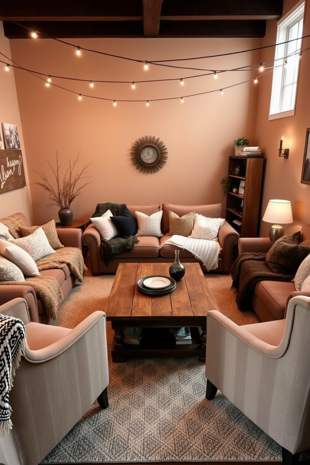 A cozy winter game room featuring hygge-inspired seating arrangements. Plush, oversized sofas are adorned with soft blankets and an array of textured cushions, creating an inviting atmosphere for relaxation and play. A rustic wooden coffee table sits at the center, surrounded by a couple of stylish armchairs that encourage conversation. The walls are painted in warm neutral tones, and string lights hang above, adding a warm glow to the space.