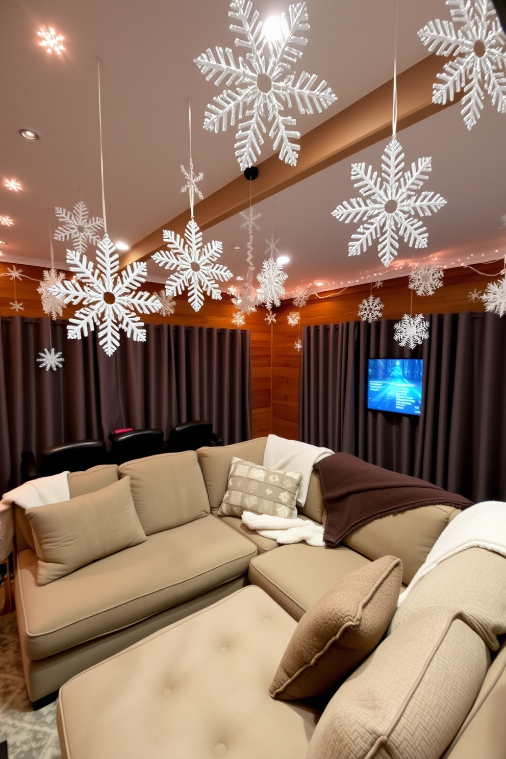 A cozy winter game room features decorative snowflakes hanging from the ceiling, creating a festive atmosphere. The room is filled with a large sectional sofa adorned with soft blankets and pillows, inviting guests to relax and enjoy the space.