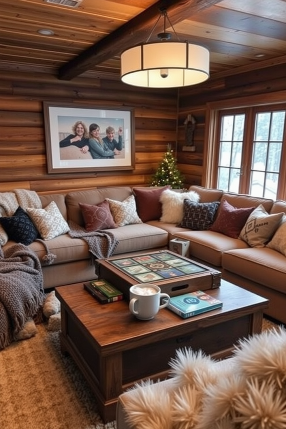 A cozy winter game room filled with warmth and comfort. Soft, warm blankets are draped over a large sectional sofa, complemented by an array of plush cushions in various textures and colors. The walls are adorned with rustic wooden panels, creating an inviting atmosphere. A large coffee table sits in the center, surrounded by board games and a steaming mug of hot cocoa.