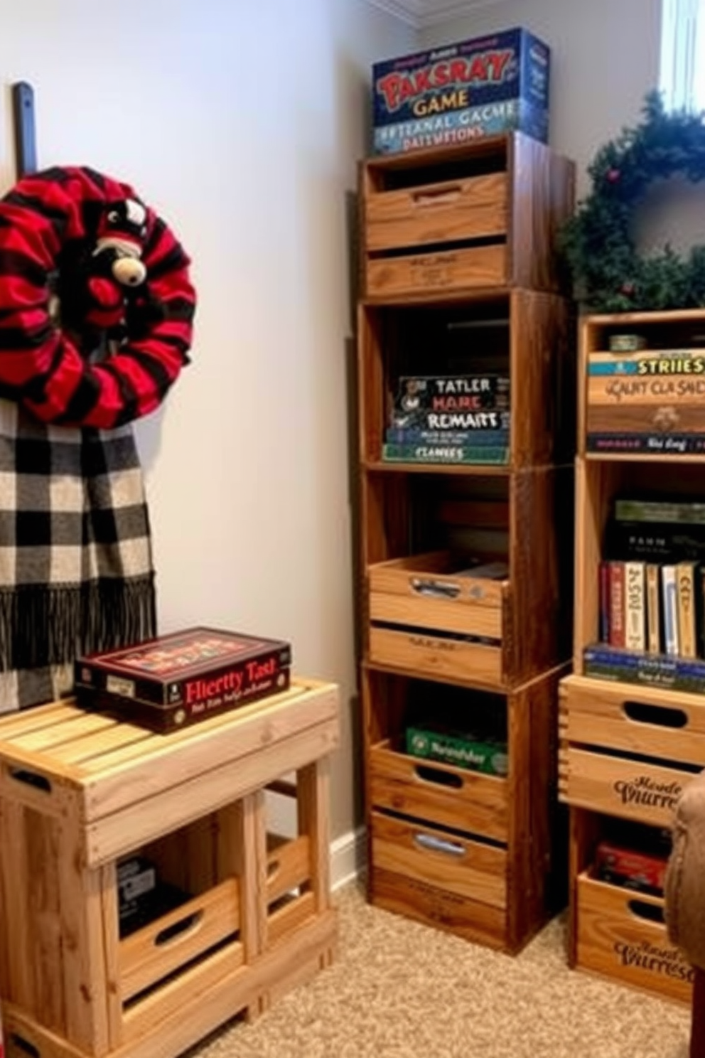 A cozy winter game room featuring wooden crates used for game storage. The crates are stacked in a corner, providing a rustic touch while keeping the space organized and inviting.