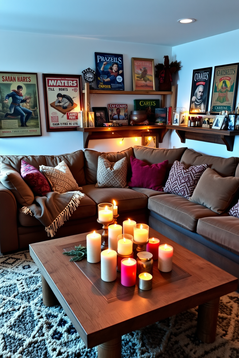 A cozy winter game room filled with warm lighting and inviting textures. The focal point is a large, plush sectional sofa adorned with soft throw blankets and pillows in seasonal colors. On the coffee table, an arrangement of scented candles with winter fragrances creates a soothing atmosphere. The walls are decorated with vintage game posters, and a rustic wooden shelf displays board games and seasonal decorations.