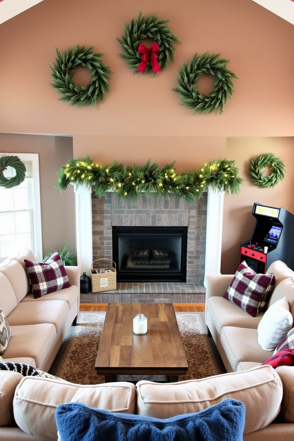 A cozy winter game room adorned with wreaths made of pine and berries. The walls are painted a warm taupe, and a large sectional sofa invites relaxation around a rustic coffee table. A festive garland drapes over the mantel, decorated with twinkling lights and pinecones. A vintage arcade game sits in one corner, adding a playful touch to the wintery atmosphere.