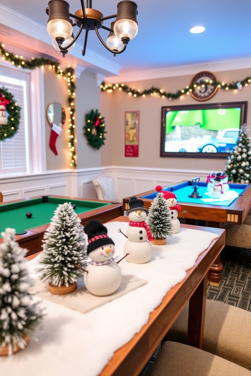 A cozy winter game room featuring miniature snowmen as charming tabletop decor. The room is adorned with warm lighting and a festive color palette, creating an inviting atmosphere for gatherings.