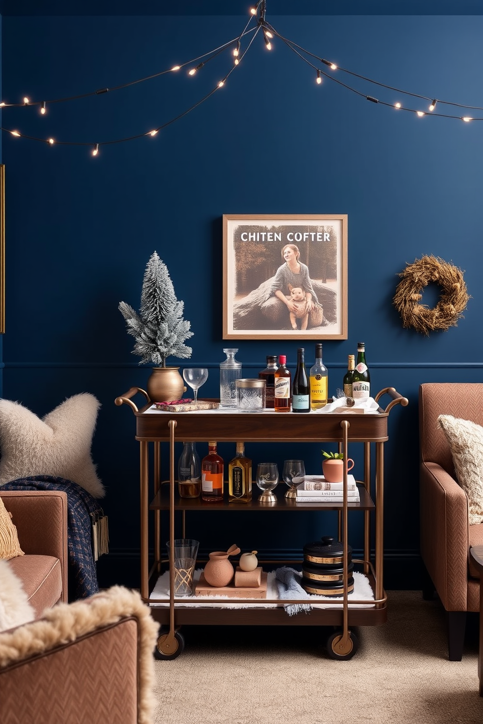 A stylish game room featuring a sleek bar cart adorned with an array of winter drinks. The cart is crafted from dark wood and accented with metallic details, surrounded by cozy seating and festive decor. The walls are painted in a deep blue hue, creating a warm and inviting atmosphere. Twinkling string lights hang above, while plush throws and cushions add comfort to the space.