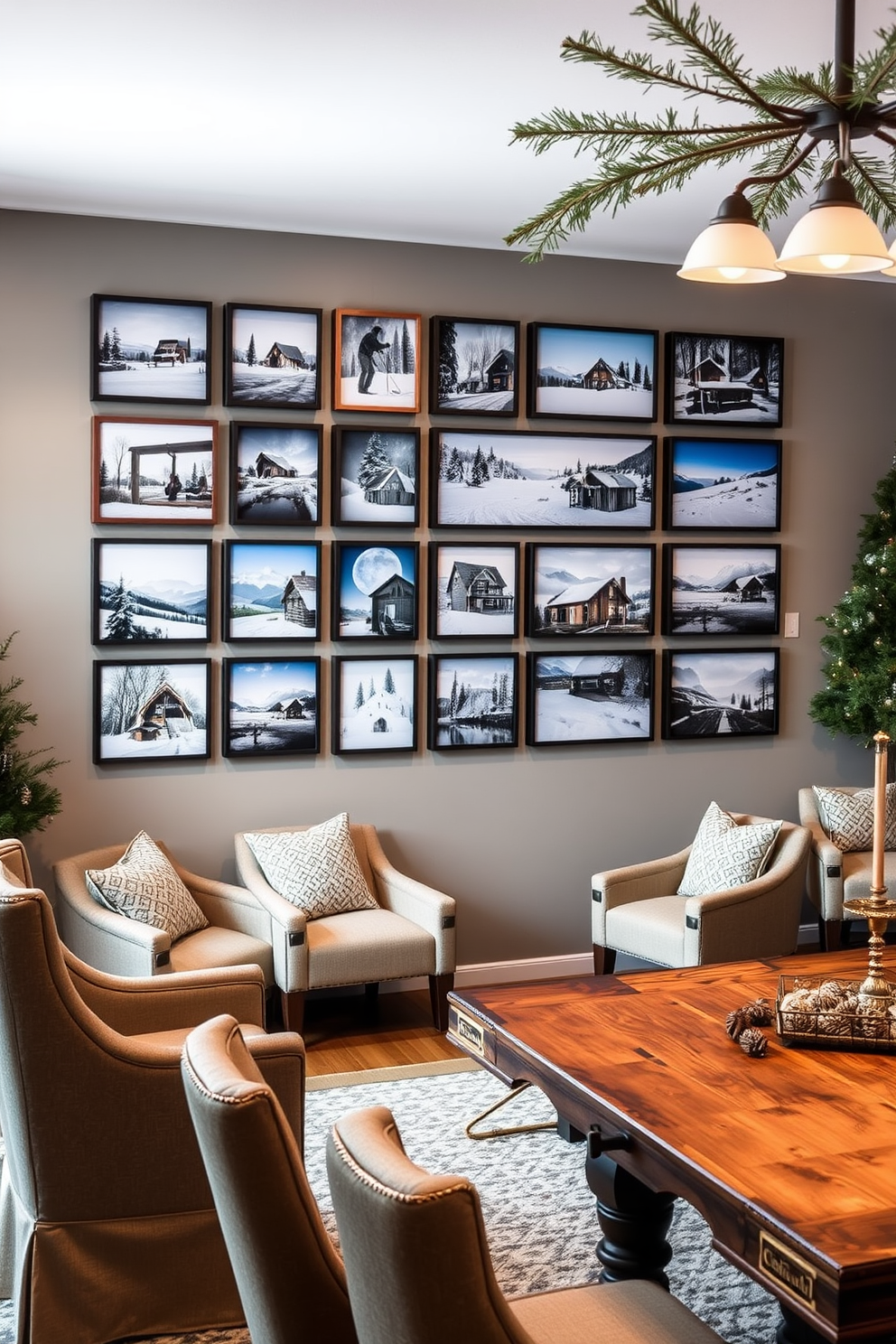 A winter-themed photo gallery wall featuring a collection of framed snowy landscapes and cozy cabin scenes. The frames are arranged in a visually appealing grid, with varying sizes and finishes to create depth and interest. A game room decorated for winter with a large rustic wooden table surrounded by comfortable upholstered chairs. The space is enhanced by soft lighting, a plush area rug, and winter-themed decor such as pinecones and evergreen branches.