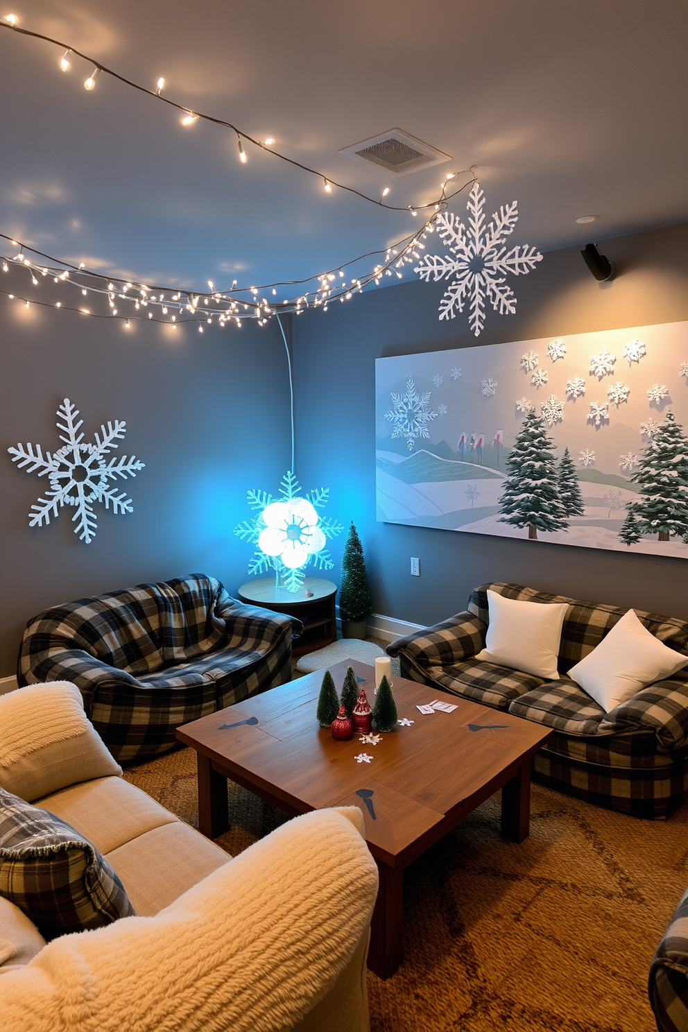 A cozy winter-themed game room features oversized bean bags in soft flannel fabrics and a large wooden coffee table adorned with seasonal decorations. The walls are painted in a warm gray tone, and twinkling fairy lights hang from the ceiling, creating a festive atmosphere. Interactive art installations include a snowflake sculpture made from recycled materials that glows in the dark and a wall mural depicting a winter landscape. Guests can engage with the art by adding their own snowflakes made from paper, contributing to a collaborative winter scene.