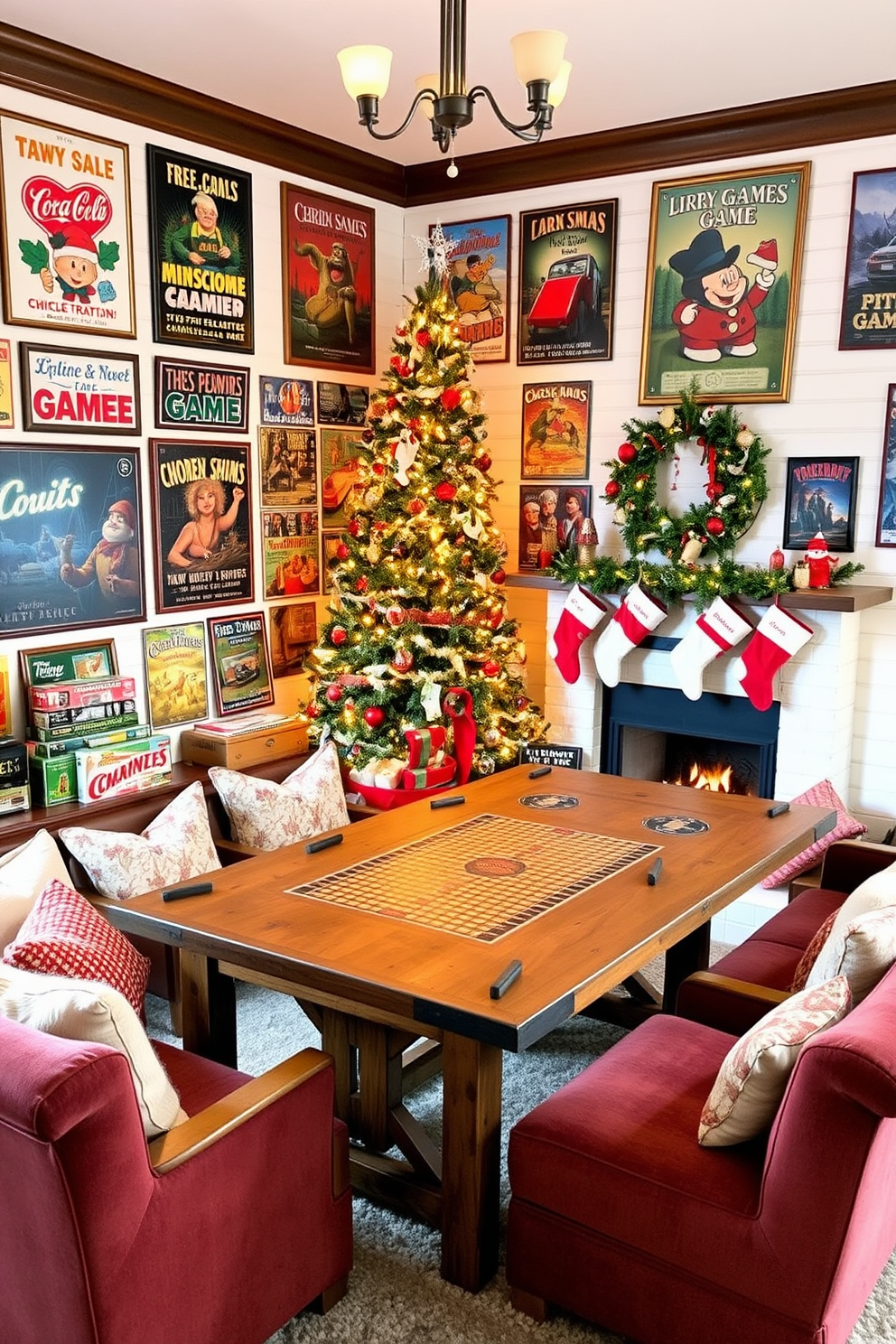 A cozy winter game room filled with vintage holiday game displays. The walls are adorned with retro game posters, and a large wooden table is set up for board games, surrounded by plush seating. A beautifully decorated Christmas tree stands in the corner, twinkling with warm lights and vintage ornaments. The room features a fireplace with stockings hanging, creating a warm and inviting atmosphere perfect for gathering with family and friends.