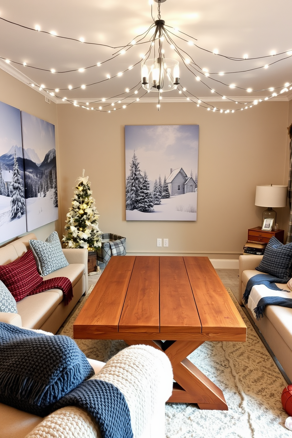 A cozy winter game room filled with snow-themed wall art and decor. The walls are adorned with large canvas prints depicting snowy landscapes and playful winter scenes. A rustic wooden game table sits at the center, surrounded by plush seating and warm blankets. Soft white fairy lights twinkle overhead, creating a festive atmosphere perfect for winter gatherings.