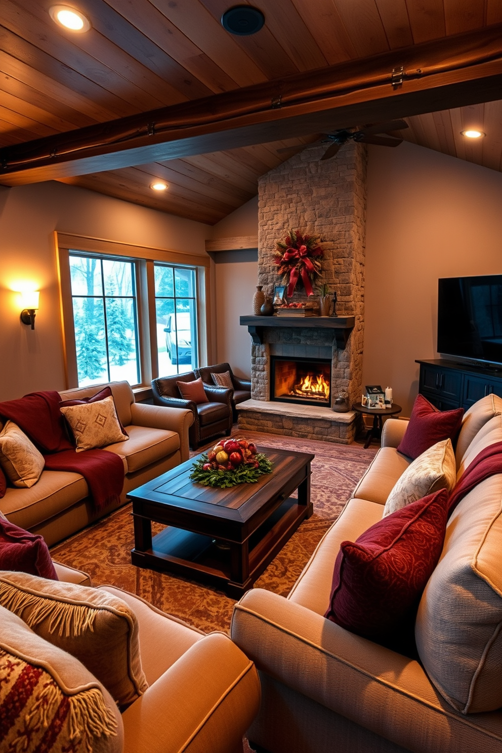 A cozy game room designed for winter evenings. The space features plush seating arrangements with oversized sofas and a large coffee table, all illuminated by warm lighting with dimmers to create a relaxing atmosphere. A rustic wooden accent wall adds character, while a stone fireplace serves as the focal point. The room is adorned with seasonal decorations, including soft throws and cushions in rich, inviting colors.