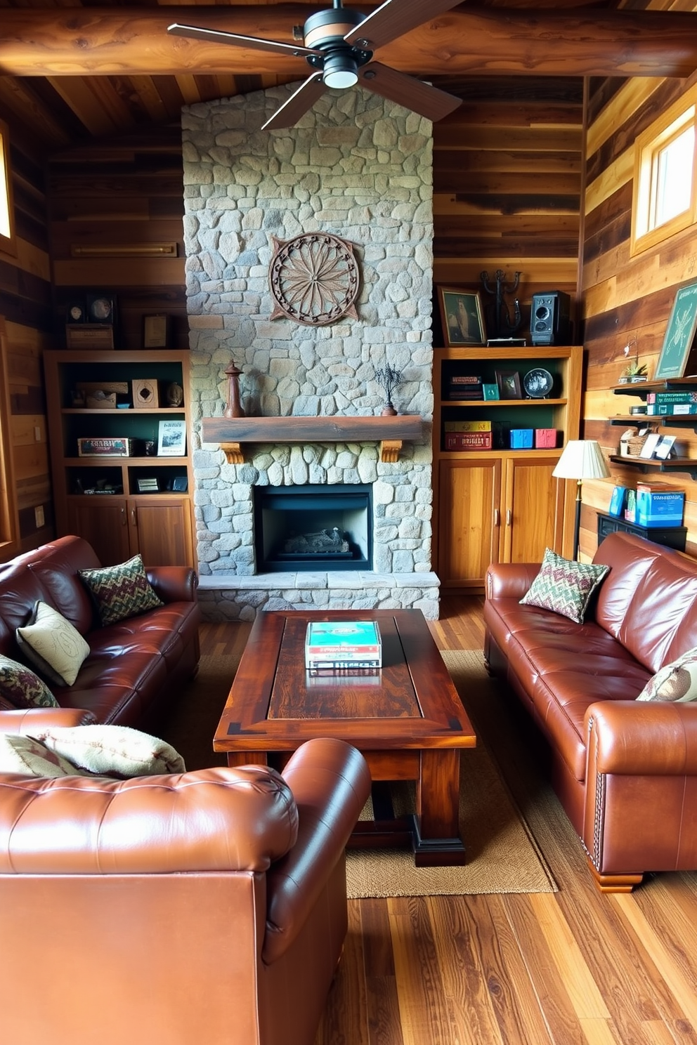 A cozy game room featuring rustic wood accents and furniture. The walls are adorned with reclaimed wood paneling, and a large wooden coffee table sits in the center surrounded by plush leather sofas. A stone fireplace serves as a focal point, providing warmth to the space. Vintage board games and a collection of rustic decor items are displayed on shelves, enhancing the inviting atmosphere.