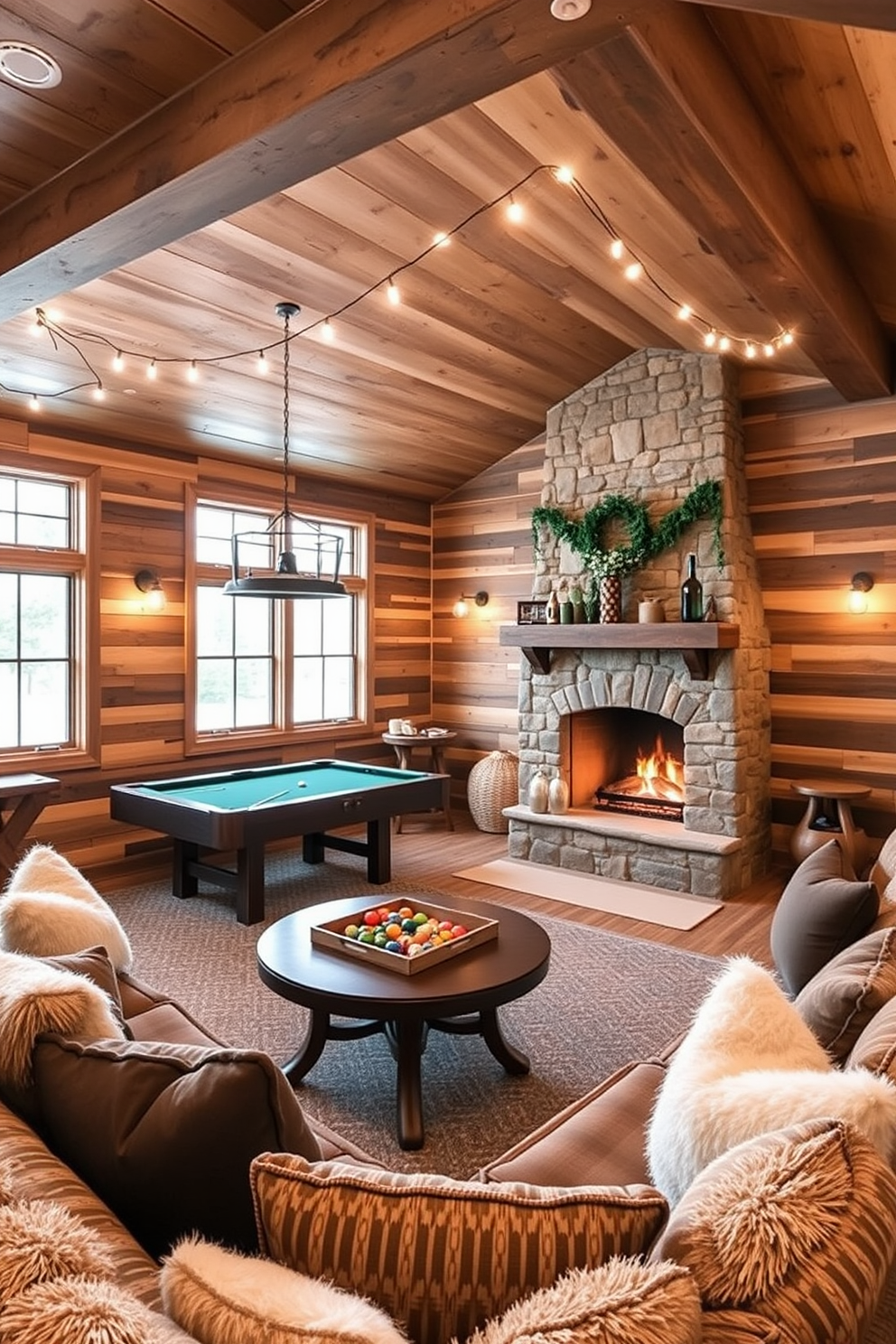 A cozy winter game room filled with warmth and charm. The walls are adorned with rustic wooden panels, and a large stone fireplace crackles invitingly in one corner. Soft string lights are draped across the ceiling, casting a festive glow throughout the space. Plush seating arrangements with oversized cushions invite friends and family to gather and enjoy games together.