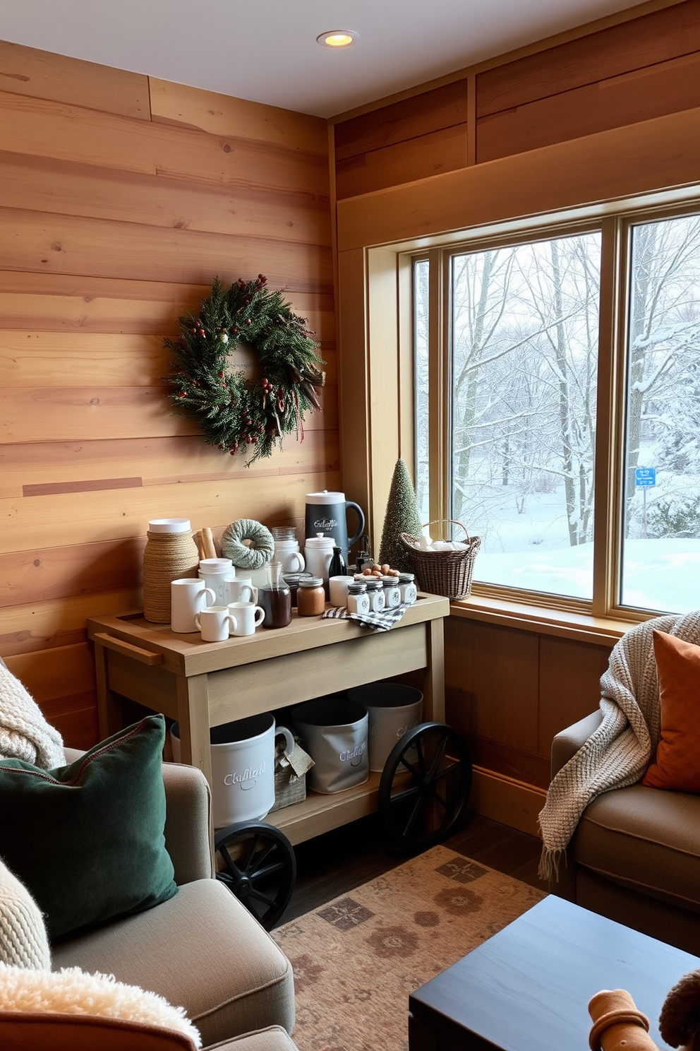 A cozy hot cocoa station is set up in the corner of a warm and inviting winter game room. The station features a rustic wooden cart adorned with a variety of mugs, marshmallows, and toppings, creating a festive atmosphere. The game room is decorated with plush seating and soft blankets, perfect for chilly evenings. A large window allows natural light to flood the space, showcasing a view of snow-covered trees outside.