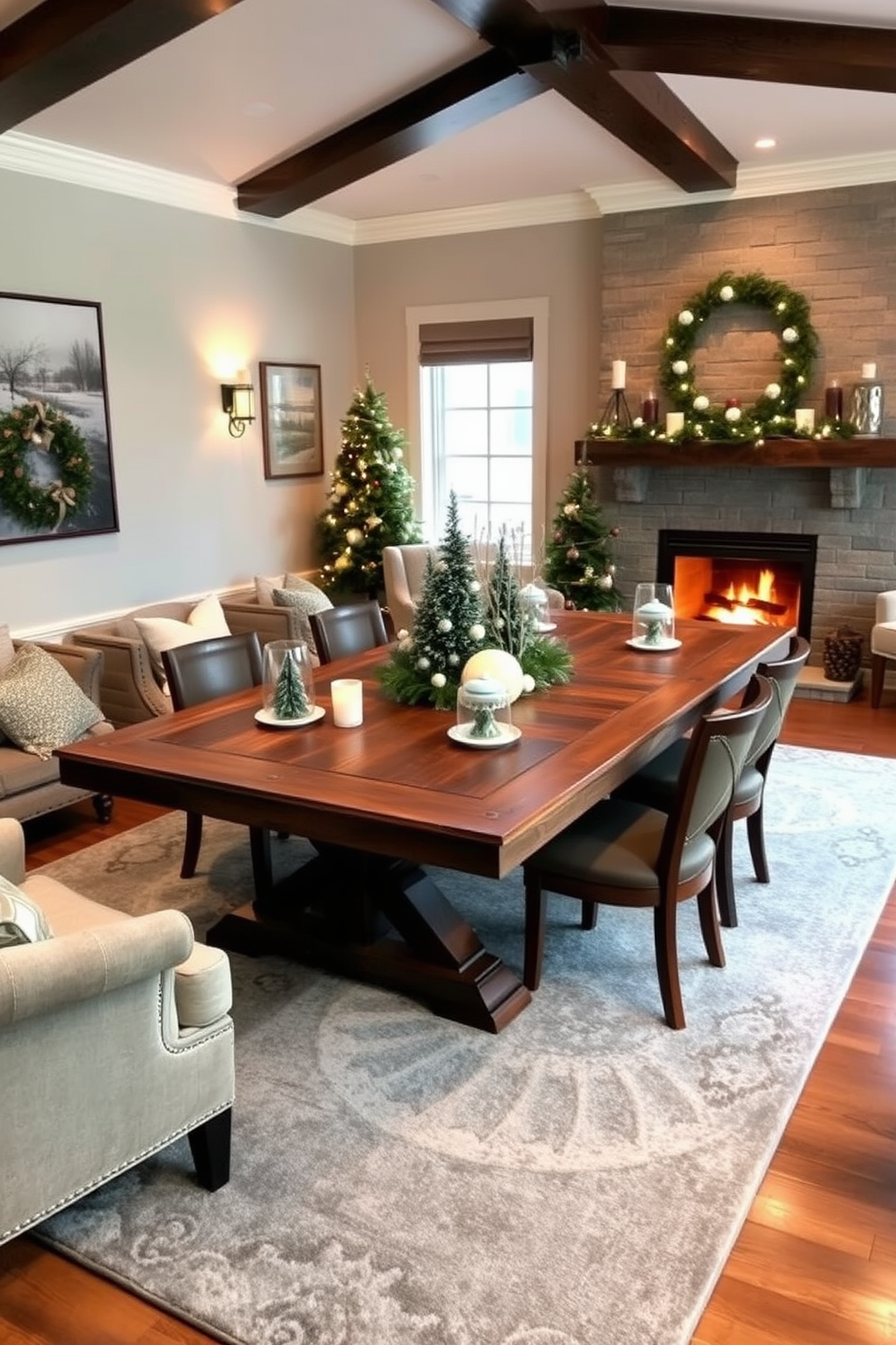 A cozy game room featuring a rustic wooden game table adorned with winter-themed centerpieces. The table is surrounded by plush seating, and a warm fireplace adds a touch of comfort to the space. The walls are decorated with winter-themed artwork and soft, ambient lighting creates a welcoming atmosphere. A large area rug in cool tones anchors the room, while festive decorations enhance the seasonal charm.