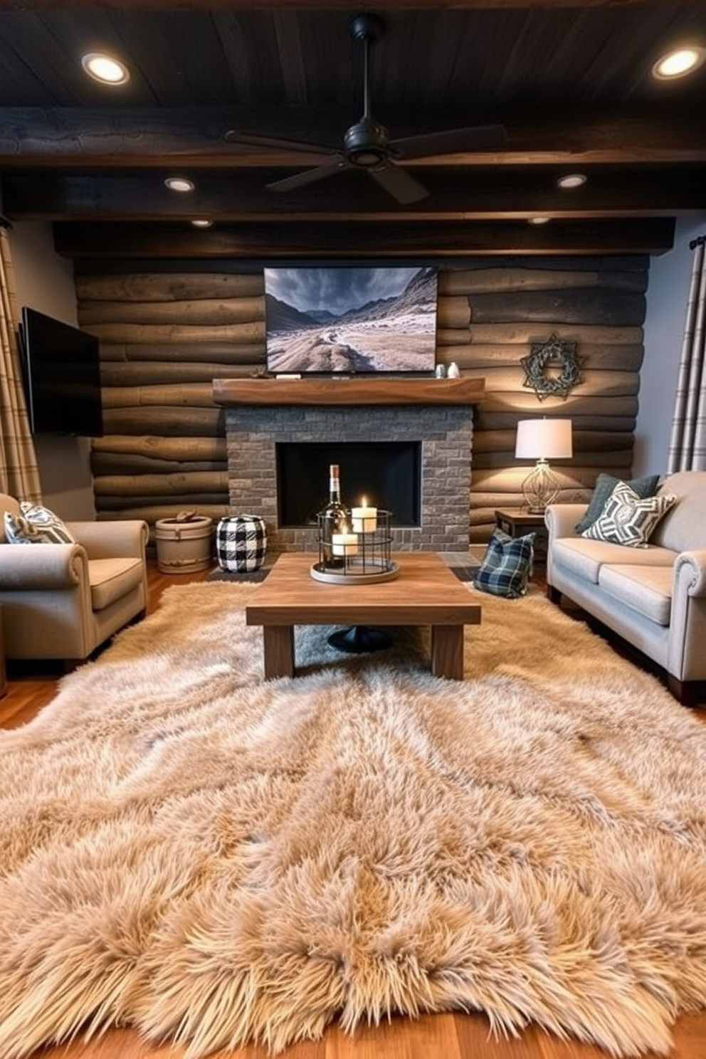 A cozy winter game room featuring a large faux fur rug that adds warmth and texture to the space. The room is designed with a rustic wooden coffee table and comfortable seating arrangements, perfect for gathering with friends and family.