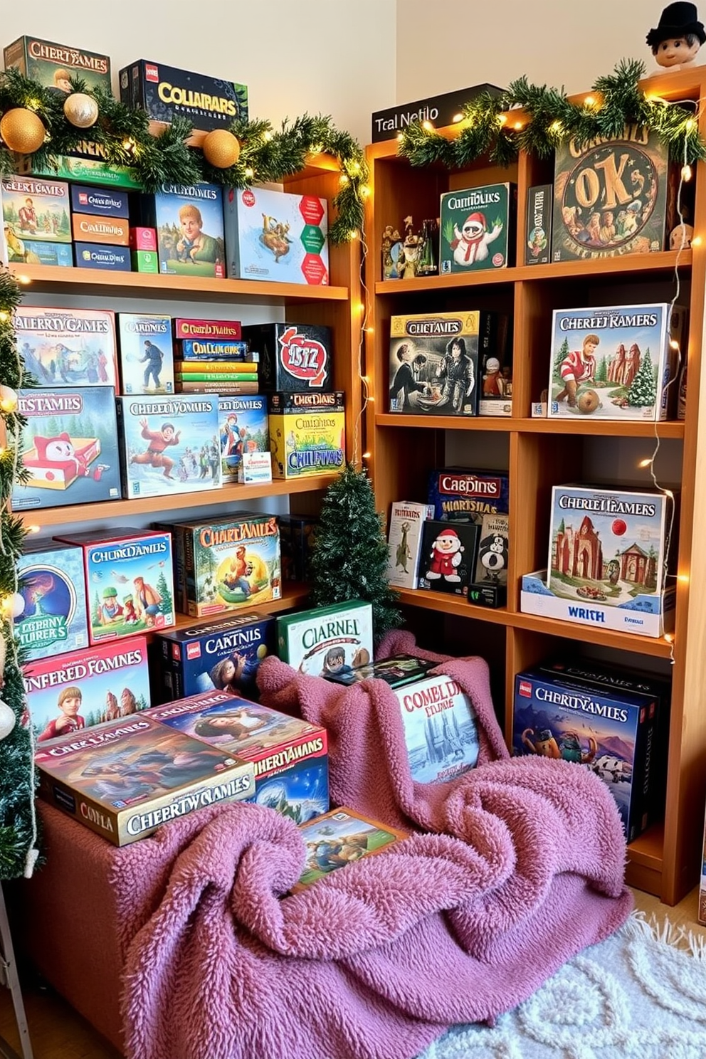 Seasonal board games are artfully arranged on wooden shelves, showcasing a variety of colorful boxes and intricate game pieces. The room is adorned with cozy winter-themed decorations, including plush throws and twinkling fairy lights that create a warm and inviting atmosphere.